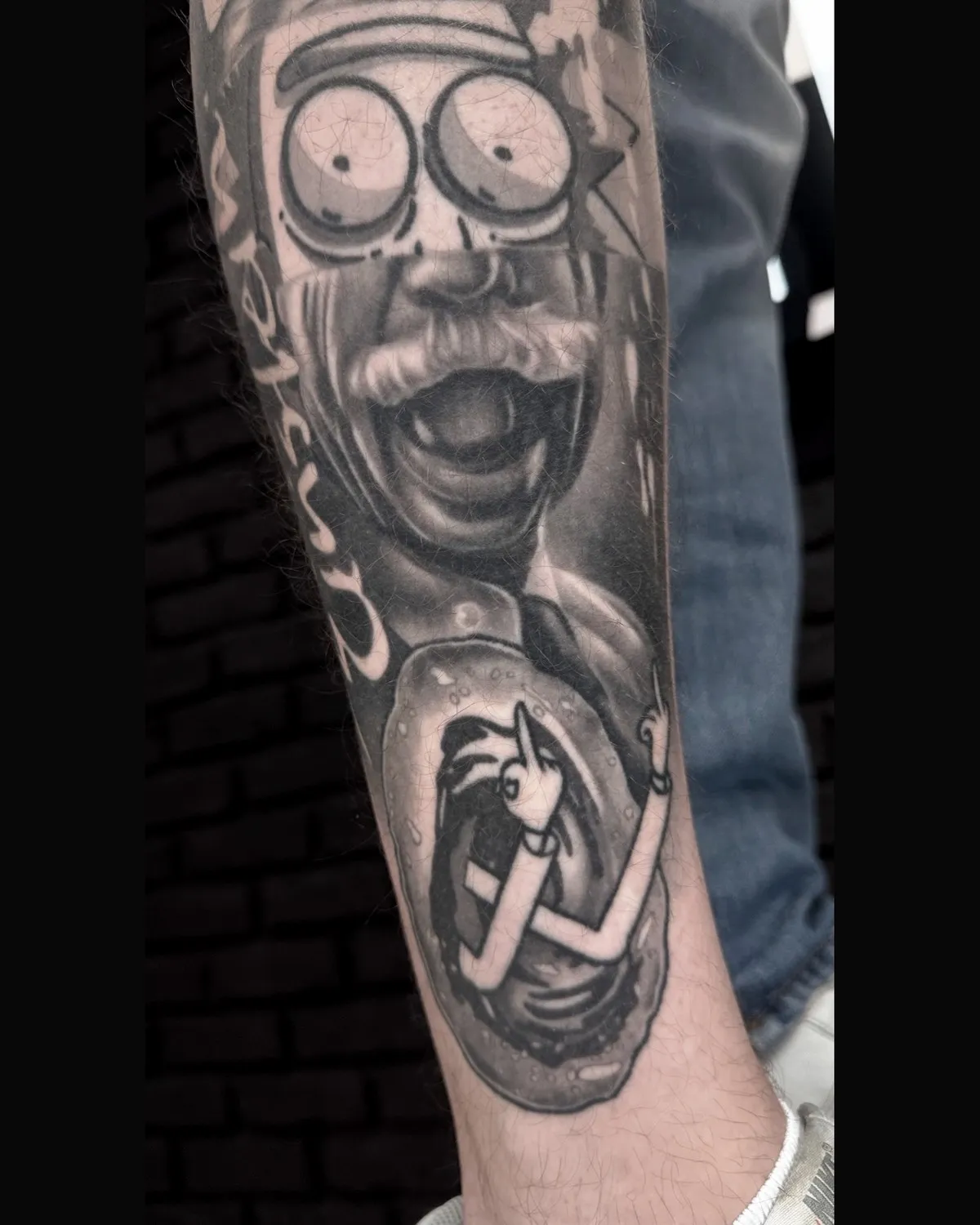 Einstein with Rick eyes and E=mc² on the calf, detail, healed